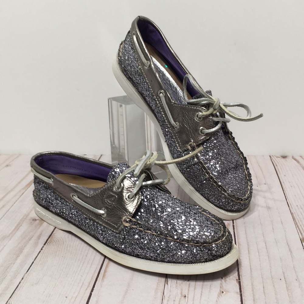 Sperry Glitter Top Siders 6.5 silver